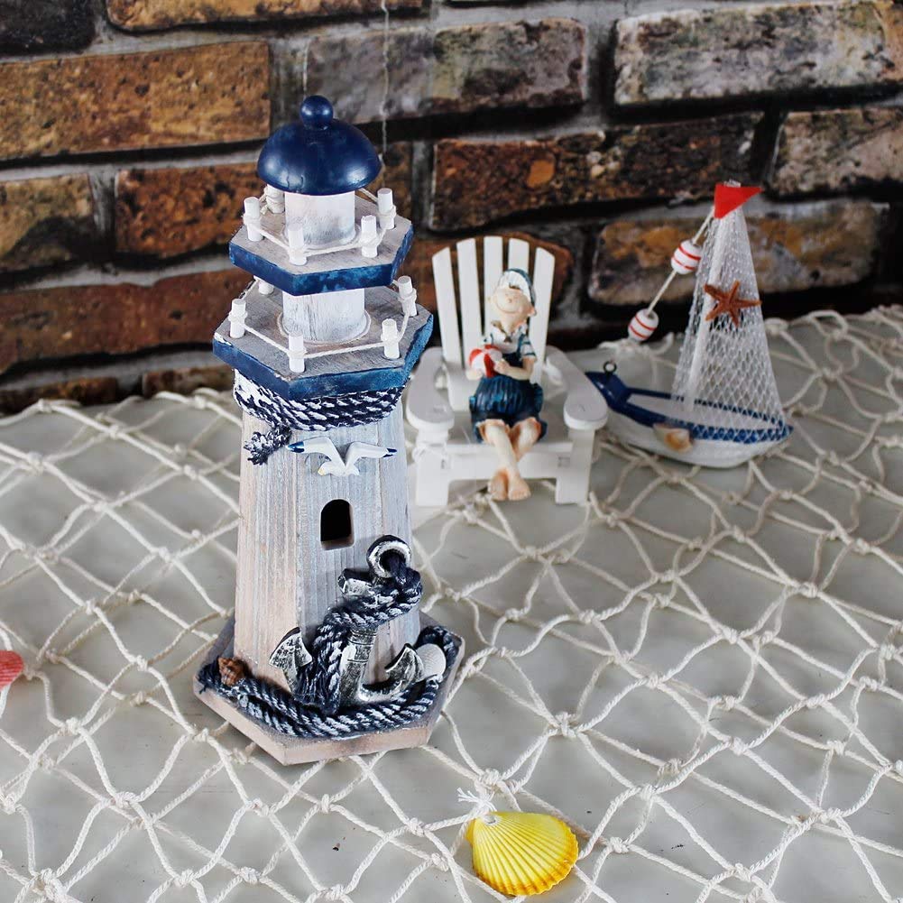 WHY DECOR Lighthouse Decor Nautical Decoration Wood Light House Figurine Beach House Coastal Decor Table Ocean Seaside Theme Home Lake House Bathroom Shelf Centerpiece 10.25" Blue