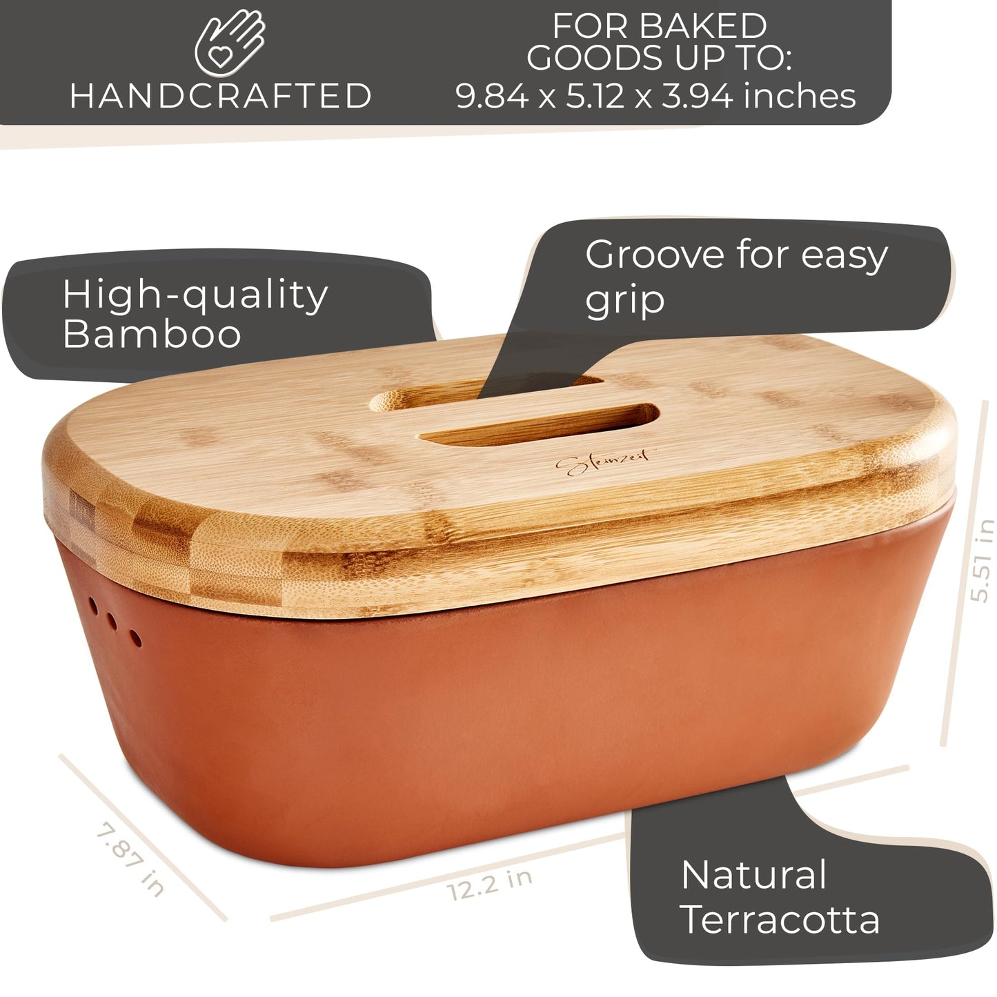 Steinzeit Bread Box Made from Breathable Terracotta (9.8x5.1x3.9 inches) - Keeps Bread Fresh Longer - Bread Box for Kitchen Countertop - Bread Storage for Homemade Sourdough Bread