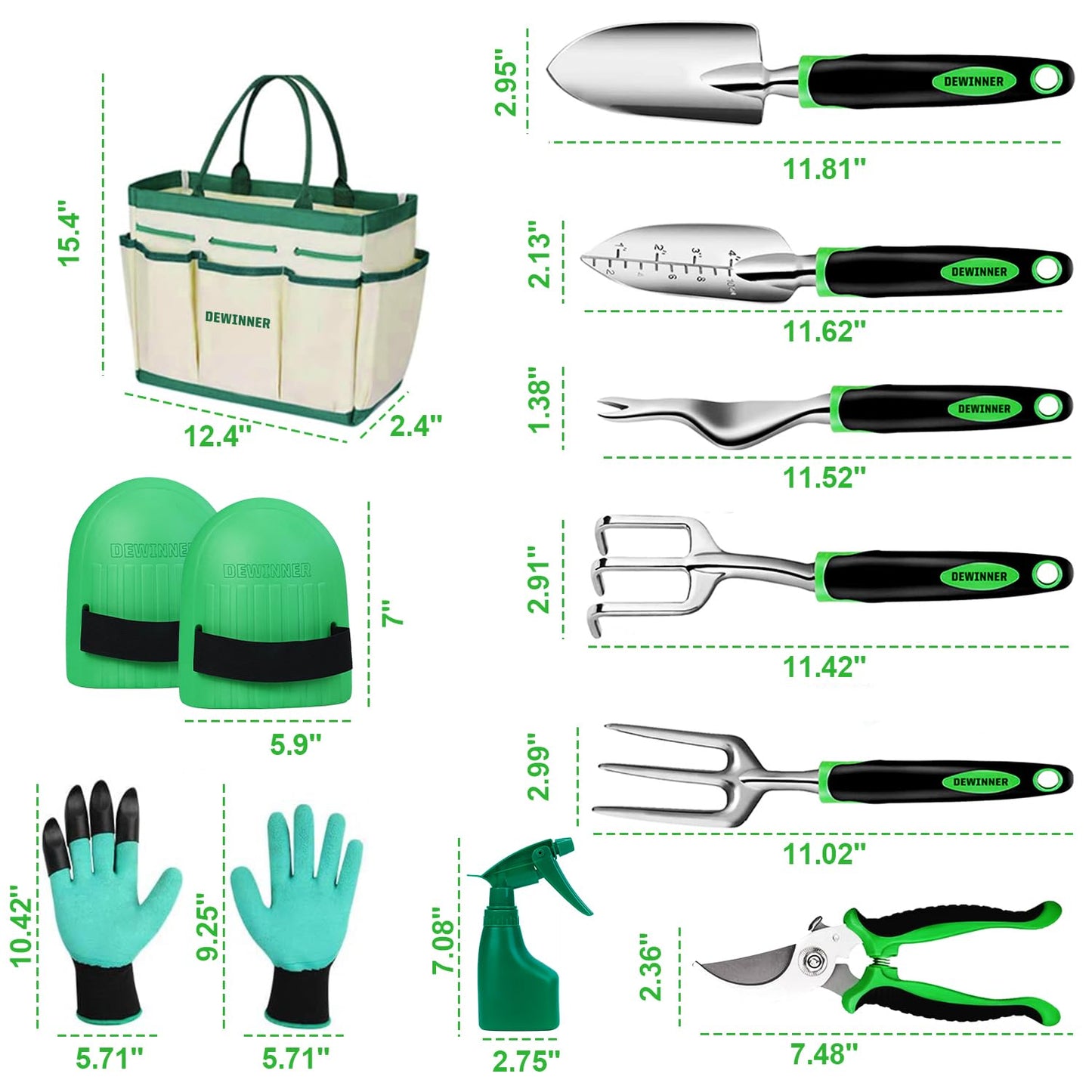 DEWINNER 11 PCS Garden Tools Set, Gardening Sets with Tool Bag, Heavy Duty Garden Hand Tools and Equipment, Stainless Steel Gardening Gifts for Women men