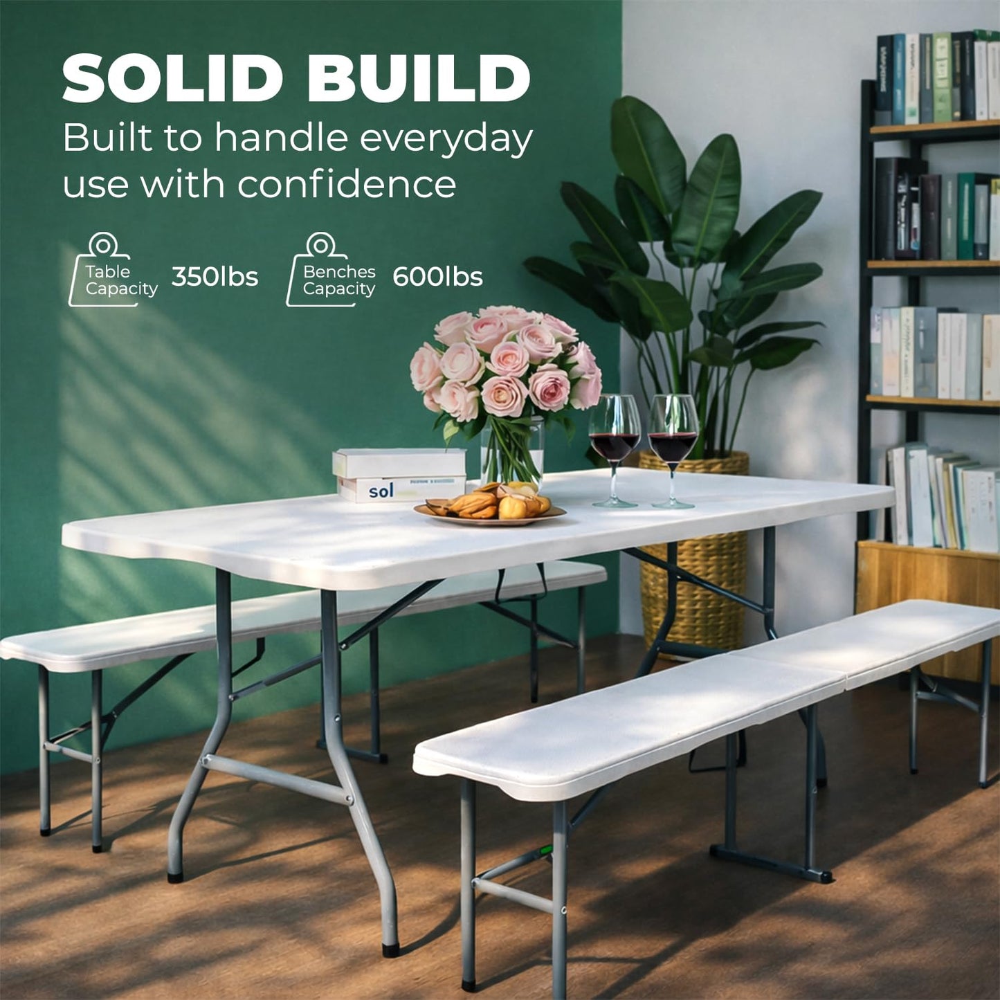 EconoHome 6 Ft White Plastic Folding Table Set with 2 Benches – Heavy-Duty Picnic Table & Bench Set, Space-Saving, Indoor/Outdoor, Seats 6-8, Easy Storage & Transport