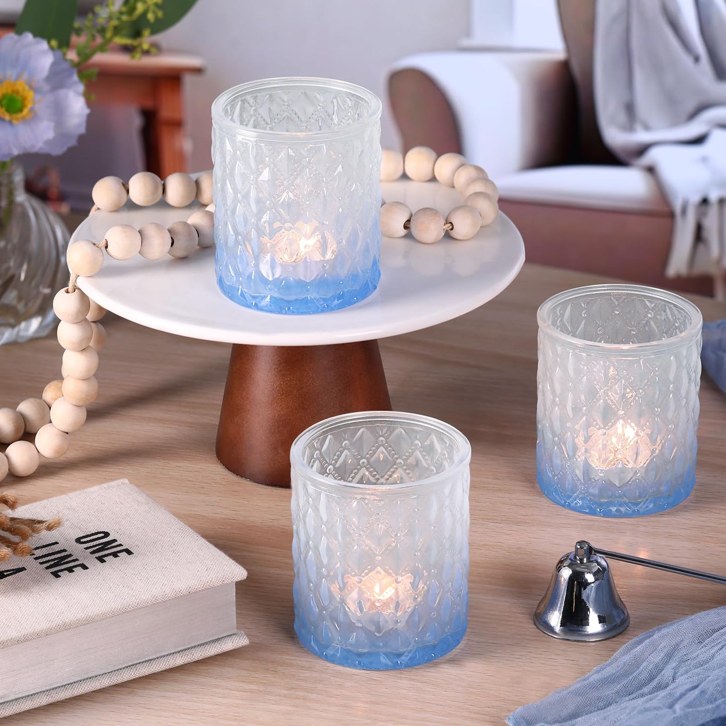 6 Pcs Blue Gradient Votive Candle Holders Glass Tea Light Candles Holder Light Blue Ombre Large Candle Holders for Bridal Shower, Wedding Table Centerpiece, Birthday Party Home Decor