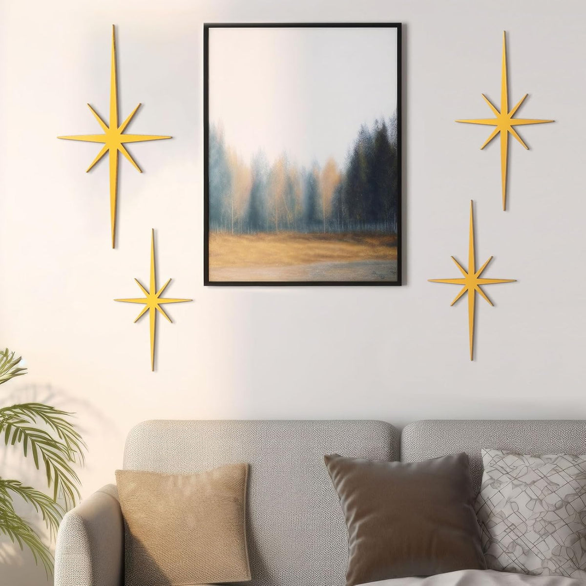 WOPARTY Mid Century Modern Black Starburst Wall Decor, 4 Piece Cast Metal Art Set, 8 Pointed Atomic Stars, Retro Home Decor, Multiple Sizes 13.7 * 7inch to 3.94 * 2.2inch (Gold)