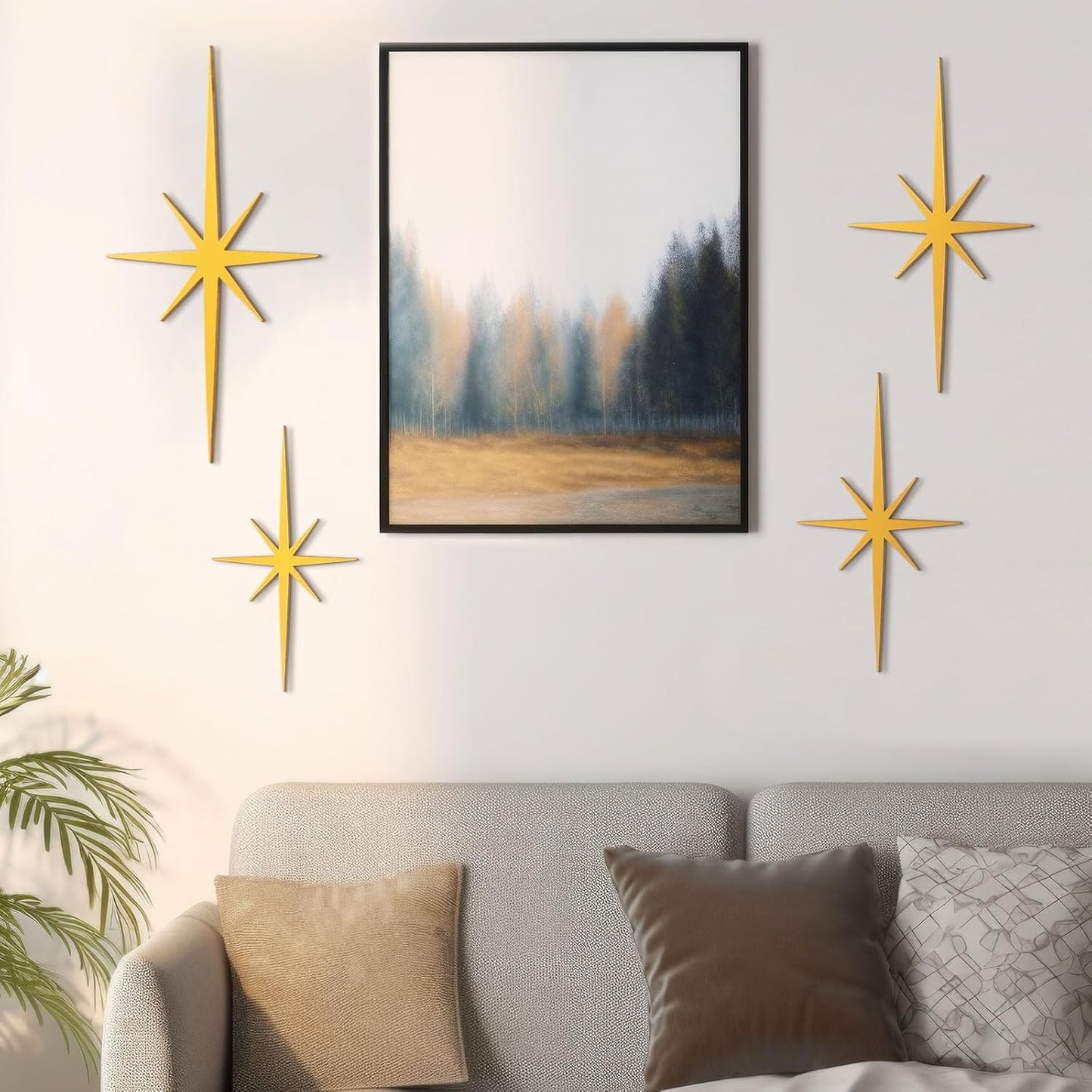 WOPARTY Mid Century Modern Black Starburst Wall Decor, 4 Piece Cast Metal Art Set, 8 Pointed Atomic Stars, Retro Home Decor, Multiple Sizes 13.7 * 7inch to 3.94 * 2.2inch (Gold)