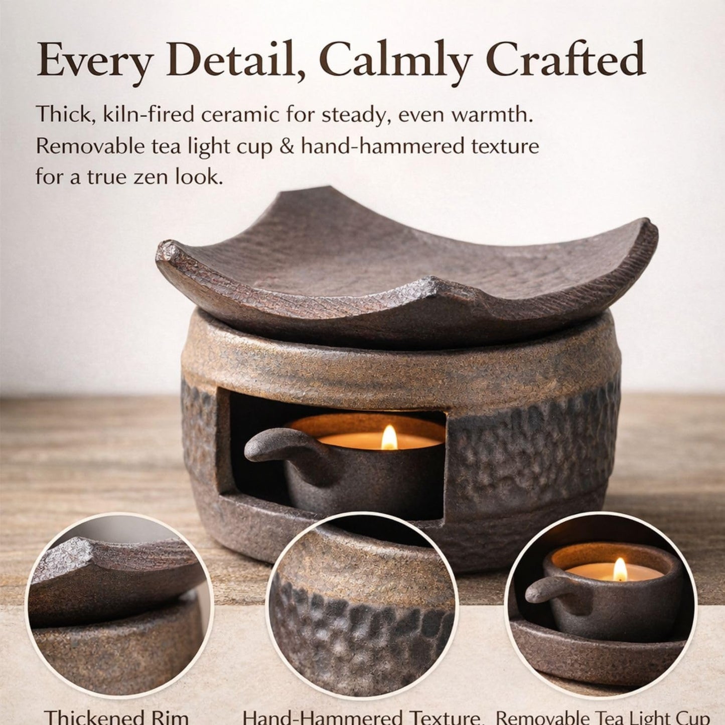 Zen Ceramic Incense Holder with Wooden Tongs, Tealight Wax Warmer and Essential Oil Burner for Wax Melts, Dried Herbs and Palo Santo, Aromatherapy Stove for Bedtime Calm, Meditation, Home and Office