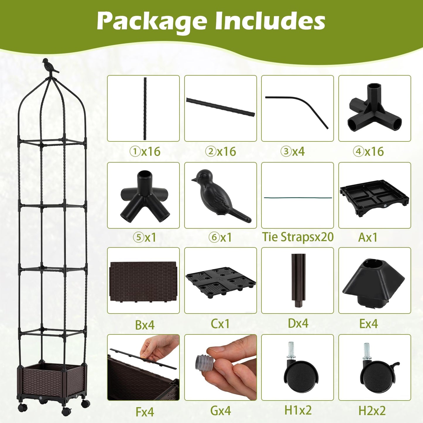 HAPPYGRILL Raised Garden Bed with Trellis, Self-Watering Tomato Cages, 83” 67” 51” Adjustable Height, Indoor Outdoor Obelisk Planter Box w/Trellis & Wheels for Climbing Plants Vines Fruits (2)