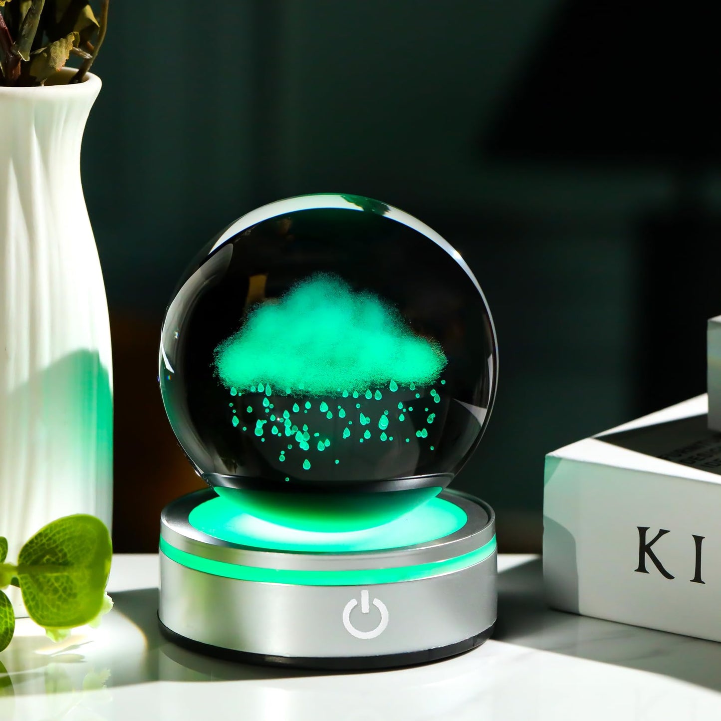 Arikyrist 3.15in. 3D Cloud and Rains Crystal Ball Gifts for Women Men, K9 Crystal Decorative Ball Engraved Cloud and Rains Figurine Paperweight with LED Light Base for Home Office Decoration