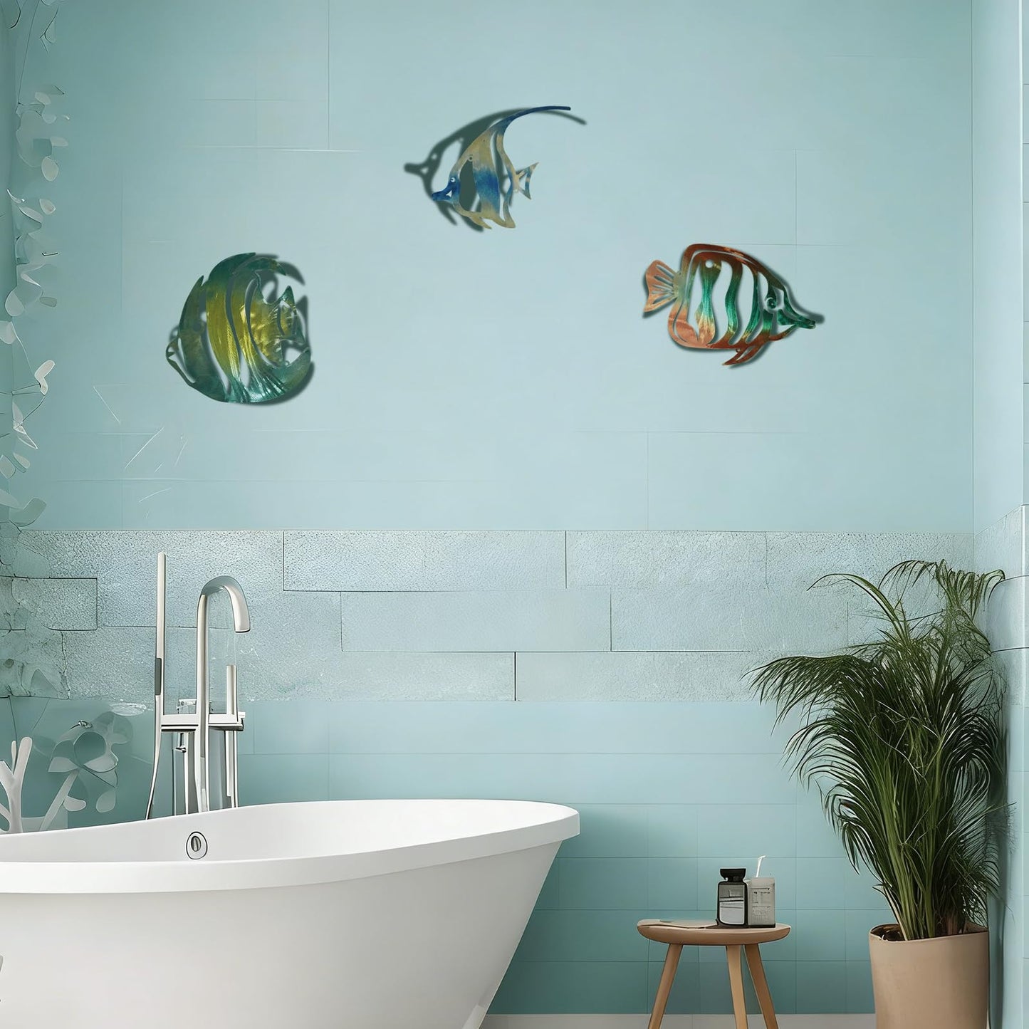 Pelopy 3 Pcs Coastal Tropical Fish Wall Art Rustic Metal Hollowed Coral Wall Decor Ocean Nautical Theme Sign for Beach Theme Bathroom Bedroom Living Room Lake House Summer Home Decoration