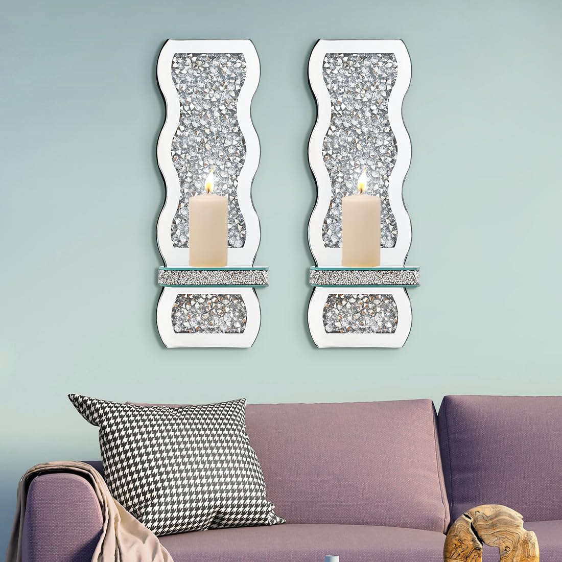 Aeveco Crystal Crush Diamond Mirrored Candle Sconces, Silver Wall Candle Holder Set of 2, Wall Decorations for Living Room,Dining Room (Wave)
