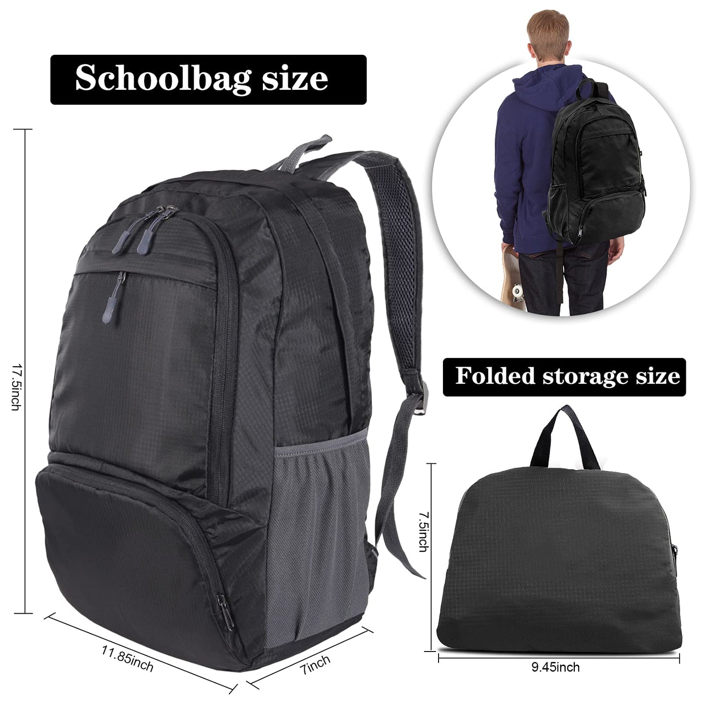 Dewellyoo Lightweight Hiking Backpack, Foldable Outdoor Camping Hiking Travel Multi-functional Camping Trekking Rucksack Travel Climbing Mountaineer Outdoor Sport Daypack Bag for Men Women (Black)