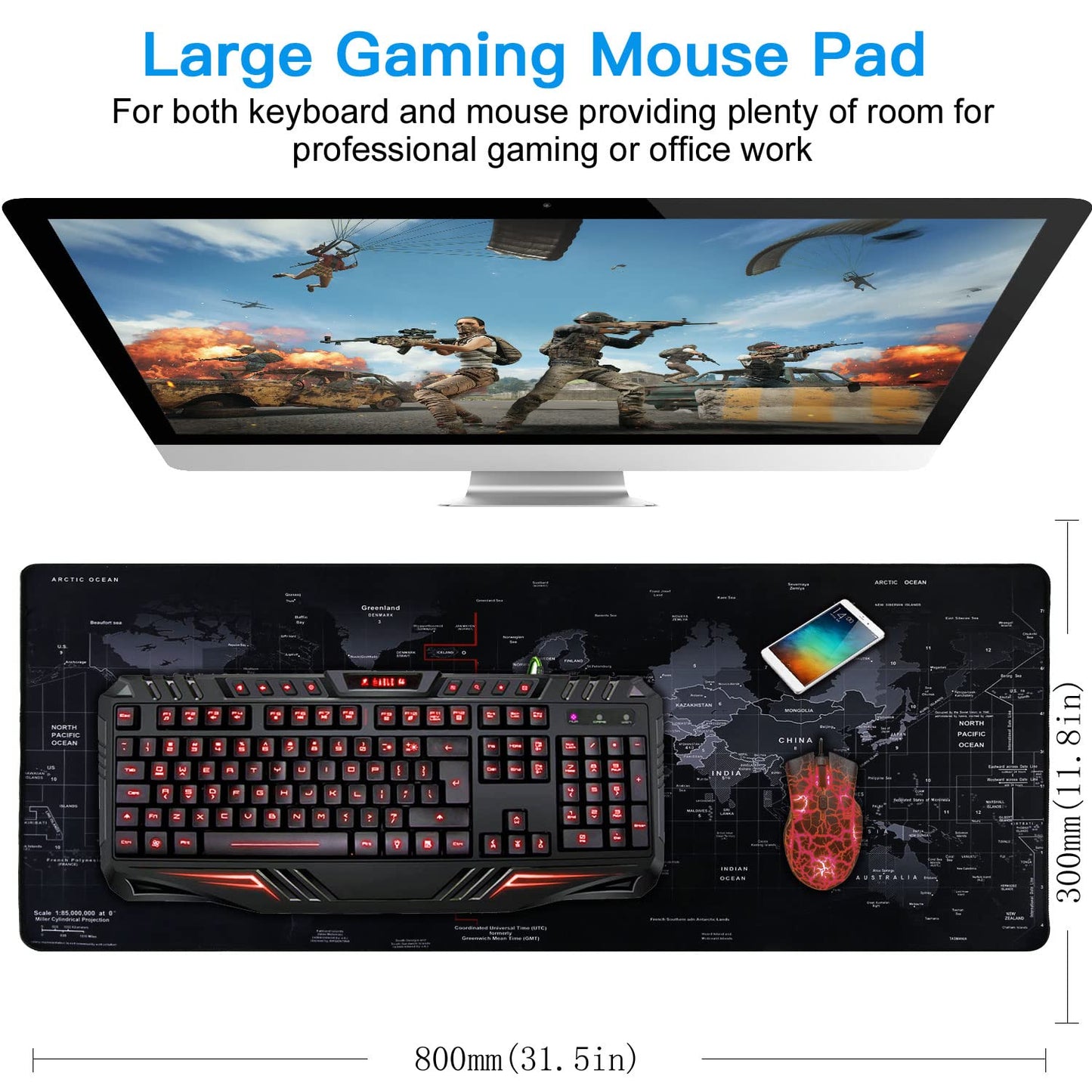 Gaming Mouse Pad,Hosimoln Large Mouse Pad Size 80x30CM Thickness 2MM,Premium-Textured Non-Slip & Waterproof Computer Mousepad with Stitched Edges for Gaming, Office & Home-80x30 Map002