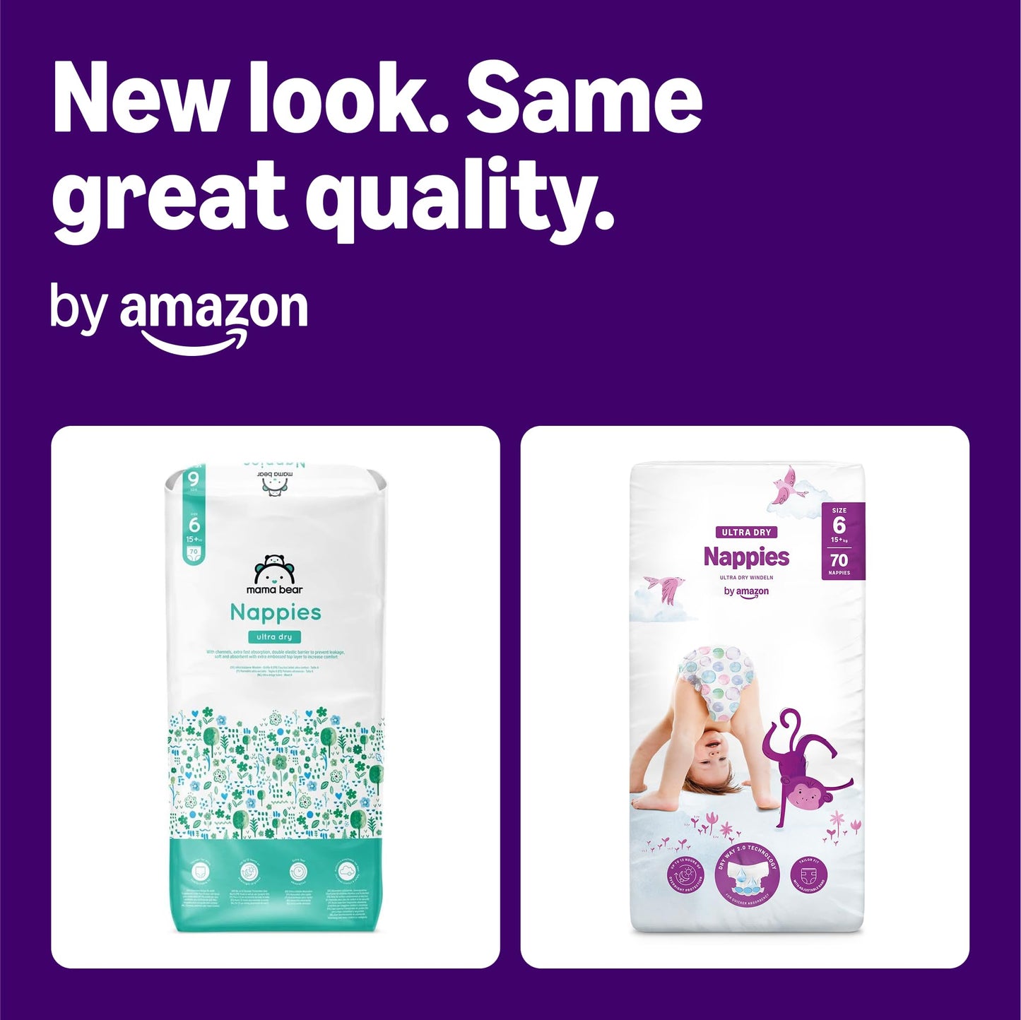 Amazon Brand - Mama Bear Ultra Dry Nappies, Size 6 (15+ kg), 70 Count, White