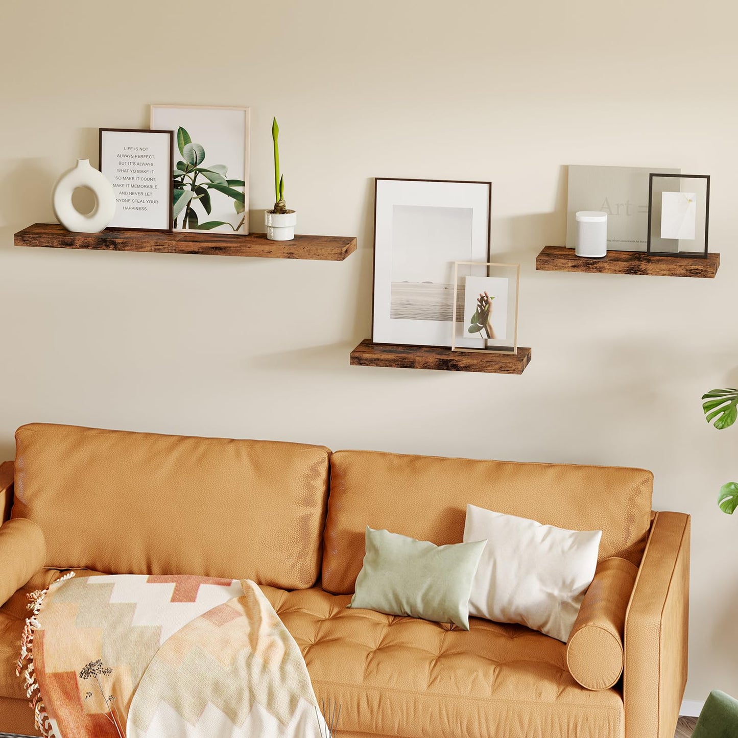 Fixwal 15.8in Floating Shelves, Rustic Wood Finish Wall Shelves Set of 4, Shelves for Wall Decor, with Invisible Brackets for Bathroom, Living Room,Bedroom and Kitchen(Rustic Brown)
