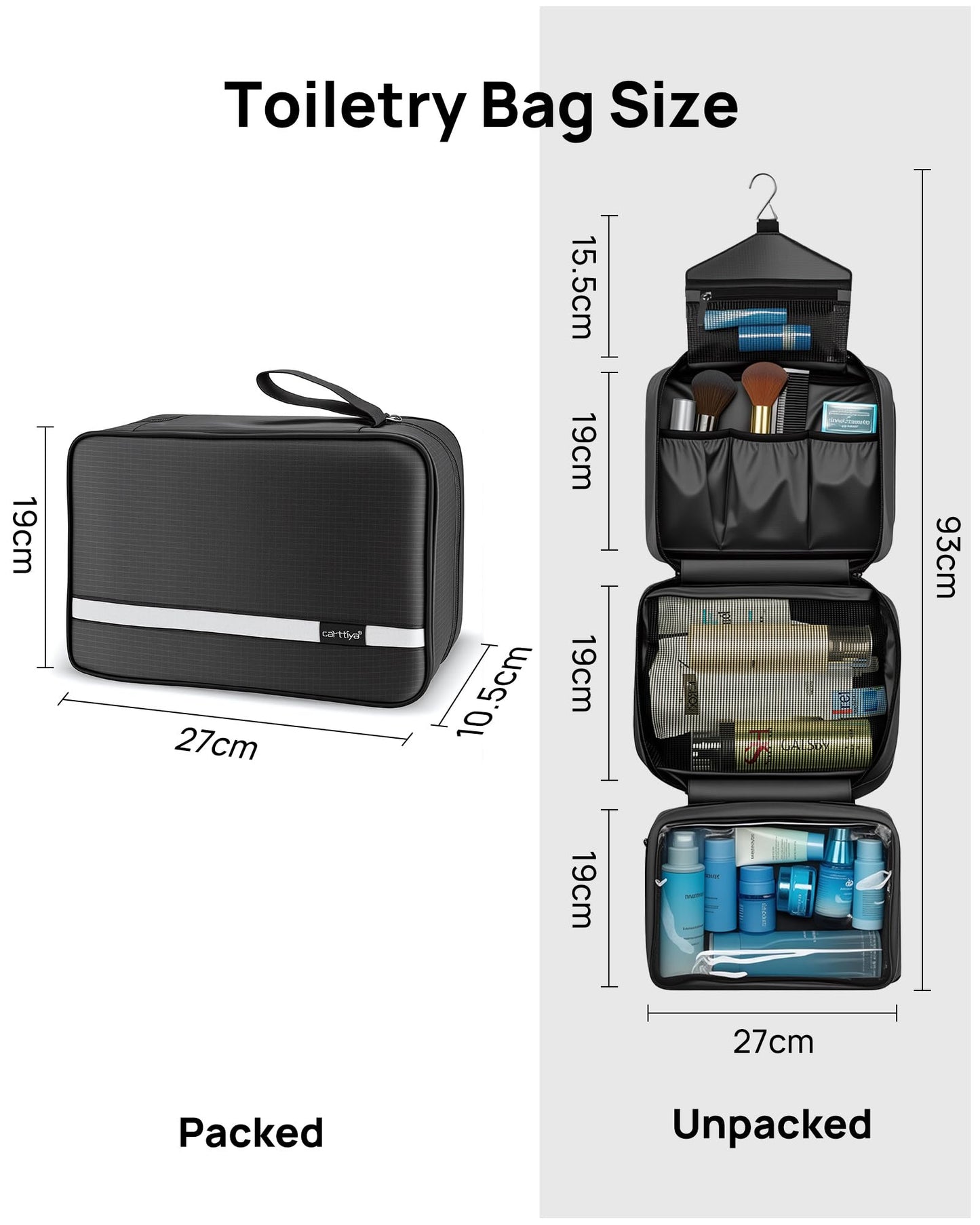 Carttiya Hanging Travel Toiletry Bag - Large Wash Bag for Men and Women, Waterproof Foldable Cosmetic Make up Organiser Bag with Hook for Business Trip,Gym,Vacation and Household