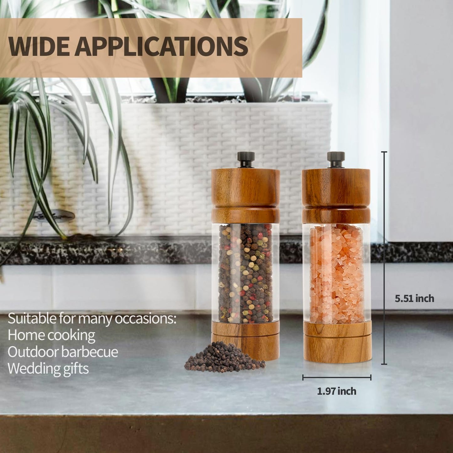 Salt and Pepper Grinder Set,Manual Salt Pepper Mills Grinders for Kitchen,Refillable and Adjustable Wooden Shakers for Pepper Salt Spices
