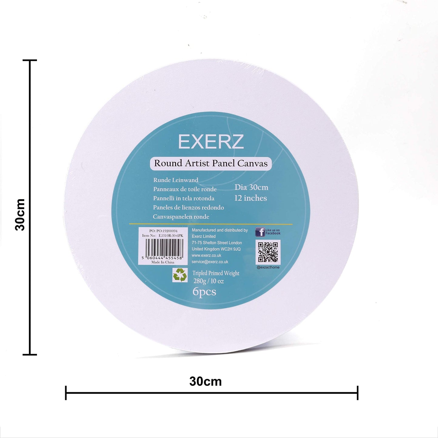 Exerz 30cm Round Canvas Panels 6pcs/ 3mm 280gsm 100% Cotton/Diameter 30cm Blank Artist Canvas Board/Triple Primed/Acid Free/Medium Grain - Oil & Acrylic