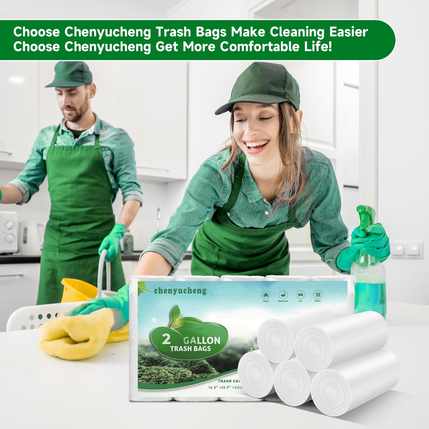 2 Gallon Biodegradable Mini Trash Bags - White Compostable Small Garbage Bag For Bathroom Can Unscented Kitchen Office Car Waste Basket Liners 100 count Tiny Strong Thick Chenyucheng