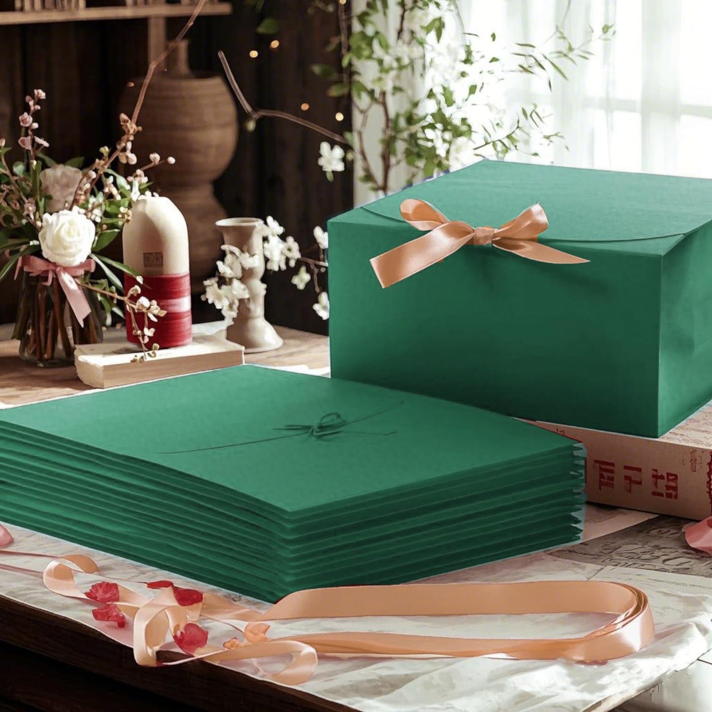 LWYMX 12 PCS Green Gift Boxes with Lids,9.8x7.8x3.9, Bridesmaid Proposal Box with Ribbon, Gift Boxes for Wedding, Christmas, Valentine's Day,Birthday,Baby Shower and the other Parties