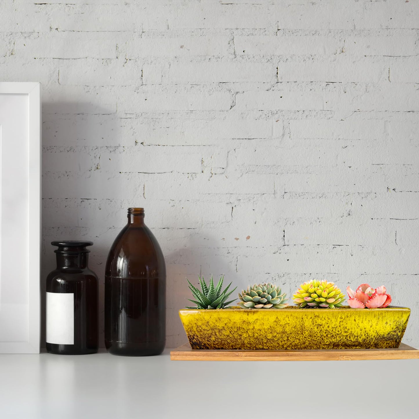 ARTKETTY Succulent Pots, 9.8 Inch Ceramic Succulent Planters with Drainage Small Bonsai Pot with Bamboo Tray, Mini Cactus Flower Planter Pot Shallow Rectangular Window Planters for Indoor Plants