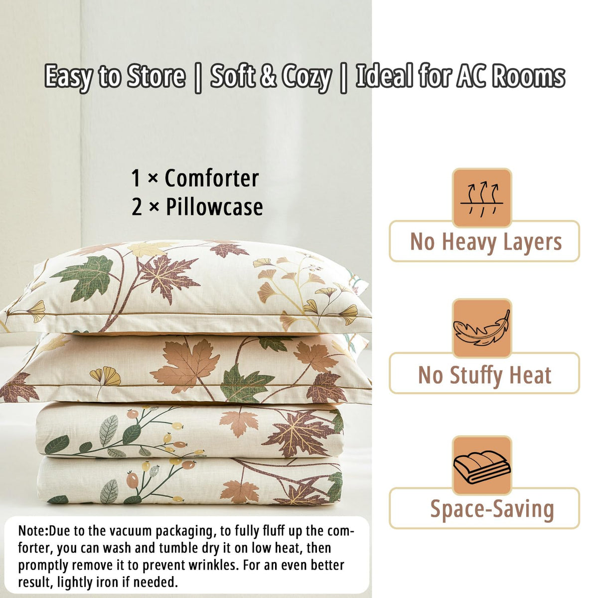 LEMIROE Botanical Cotton Comforter King Size - Luxurious Design with Maple Leaves and Branches on Beige, Textured Maple Orange Back, 3PC Lightweight Bedding Set with Ultra-Soft Alternative Fill