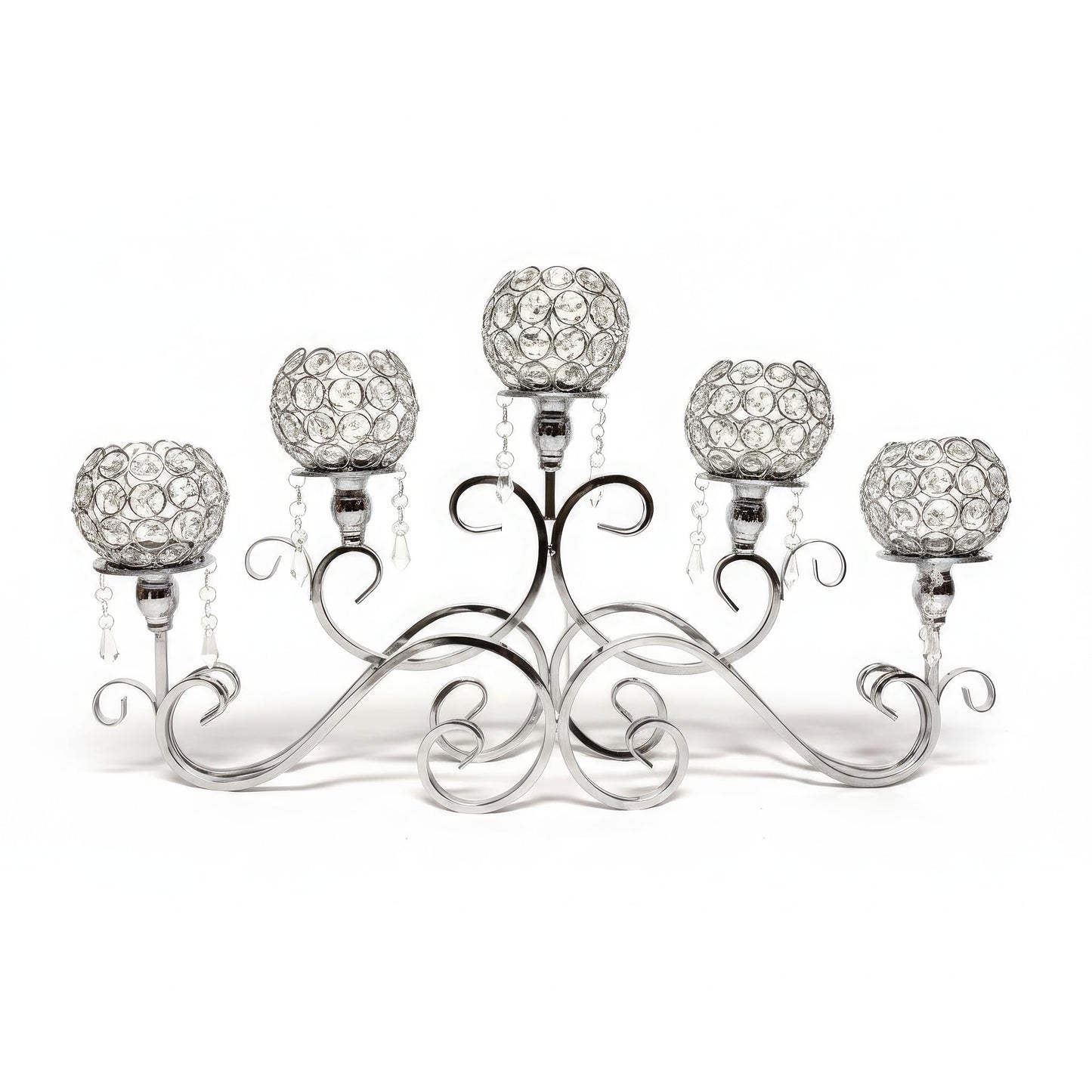 ICE Armor 26" W Polished Silver Ornate Base with Five Crystal Ball Arms Candle Holder Elegant Home Décor Accent, Decorative Candle Holder, Warm & Thoughtful Gift Idea