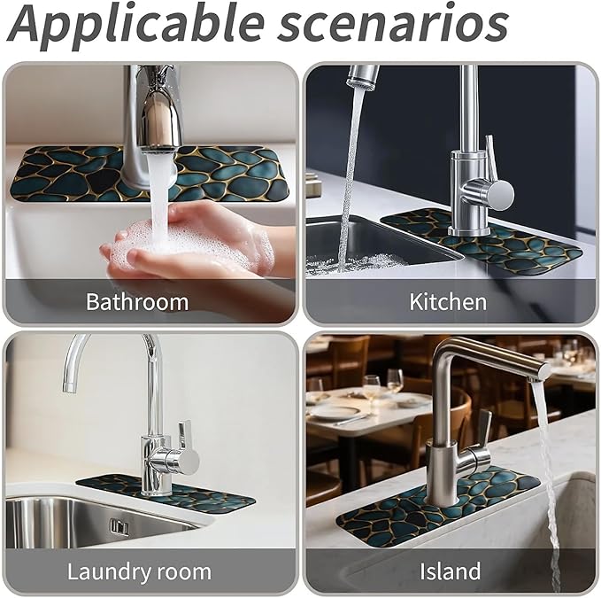 Kitchen Sink Splash Guard,Blue and gold stones Faucet Mat Sink Gadgets-Super