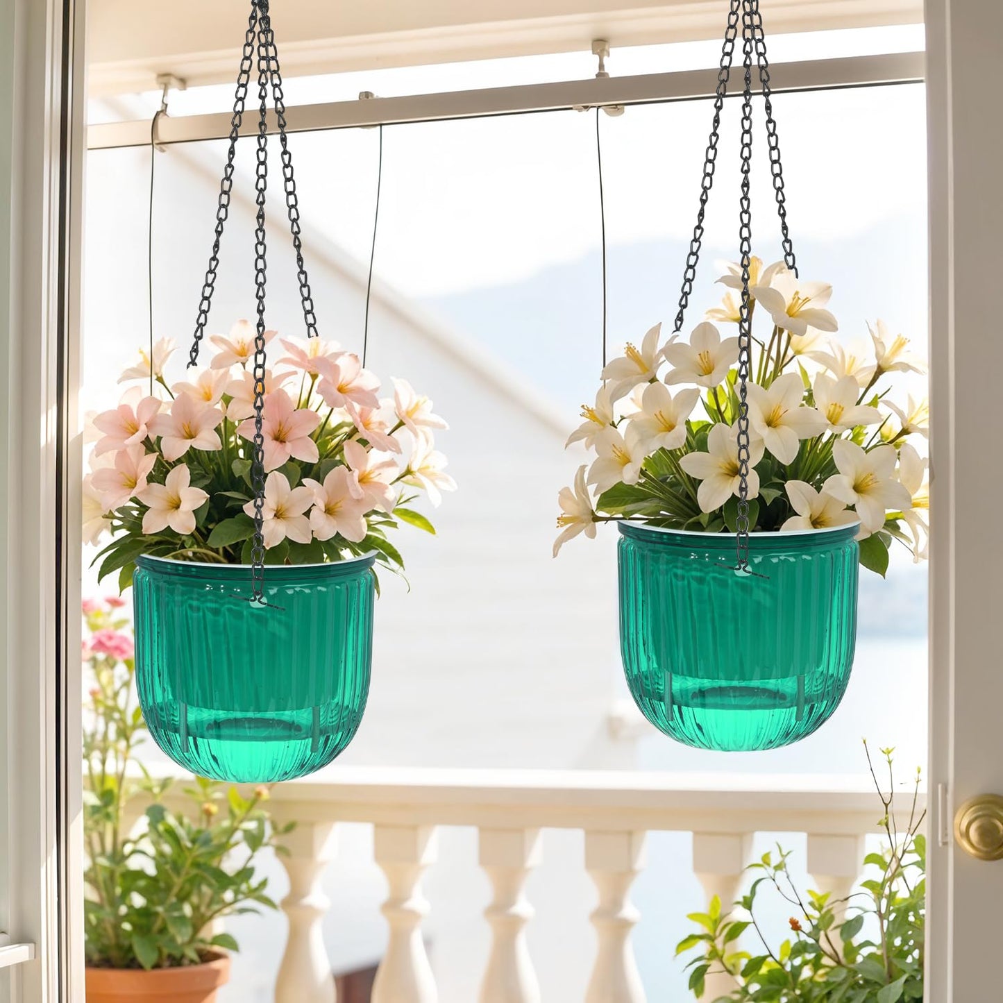 VIDELLY 2 Pack Self Watering Hanging Planters, 8.3" Plastic Hanging Flower Pots with Hooks & Drainage Holes for Indoor Outdoor Plants