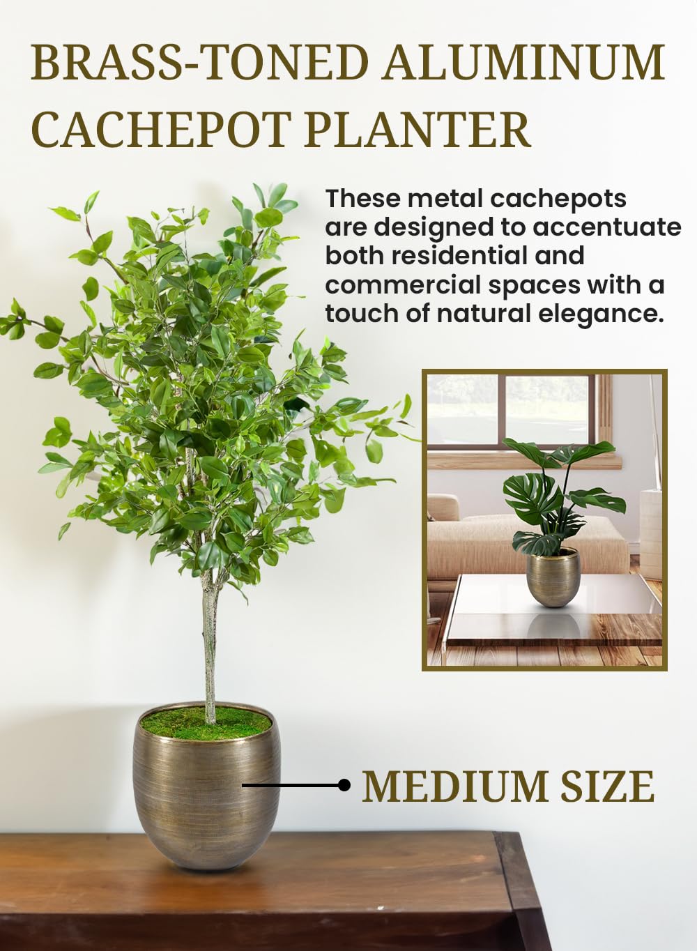Serene Spaces Living Brass-Toned Aluminum Cachepot Planter – Handcrafted Indoor Plant Pot for Home, Office, or Wedding Decor – Metal Planter for Table Centerpieces – Medium, 13" Diameter & 14" Tall