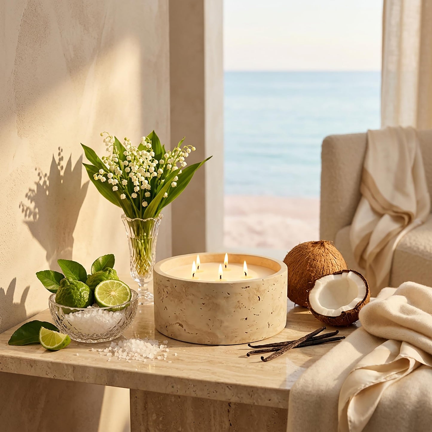 3-Wick Scented Candle-Sea Salt & Bergamot & Coconut,Soy Coconut Wax Blend Candle with Acacia Wood Lid,21oz Large Candle,45-Hour Long Burning,Aromatherapy Candle for Home Decor