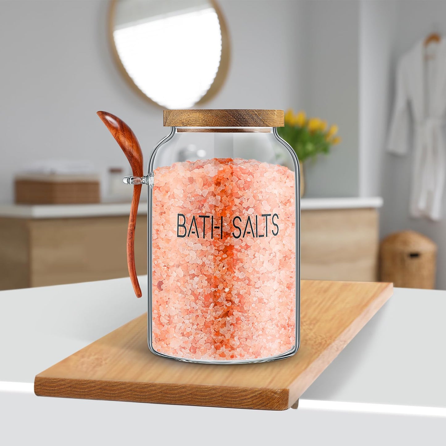 SiliFine 1 Piece 94 oz Bath Salts Glass Jar with Wooden Lid, Bath Salt Container with Scoop, Airtight Storage Bathtub Accessories for Women