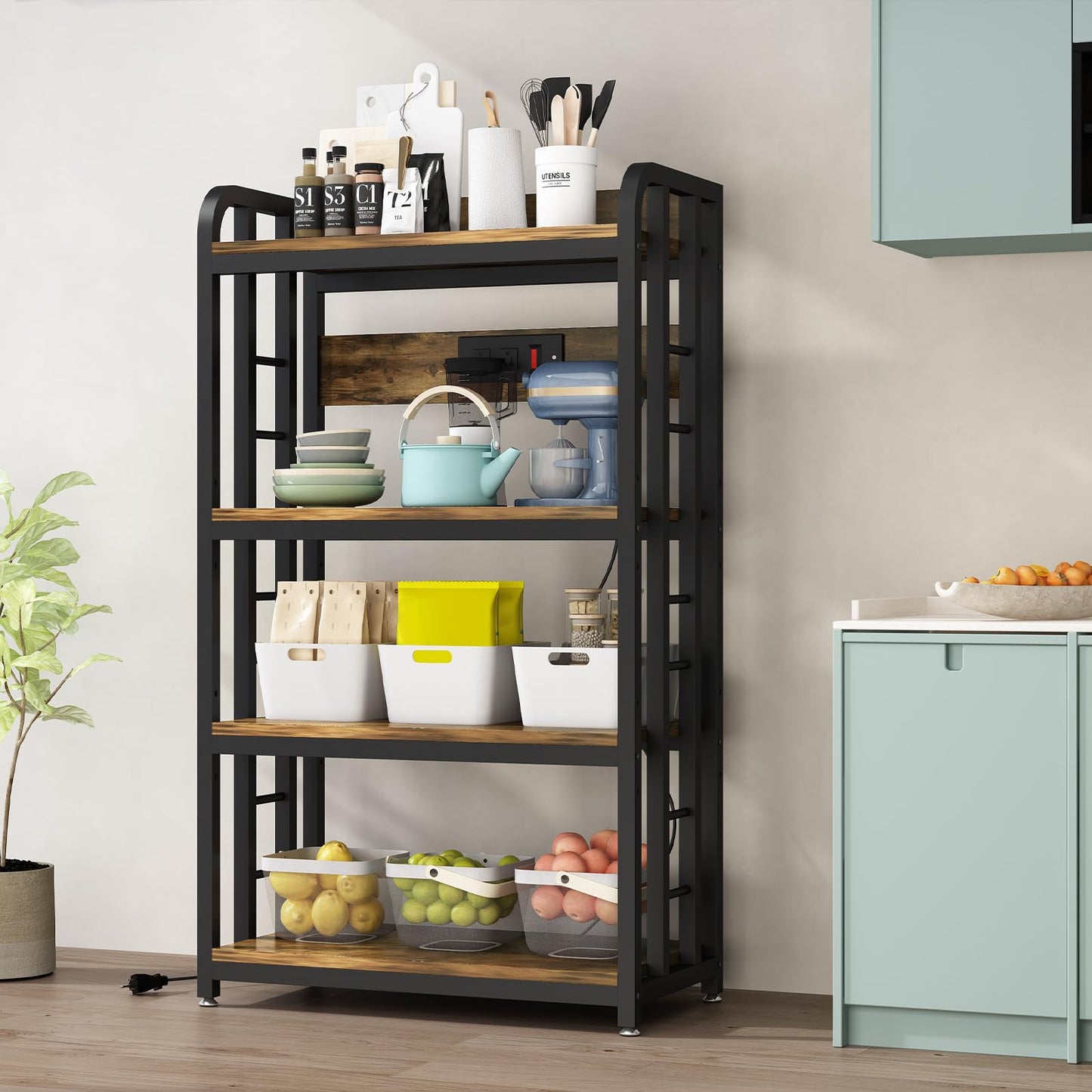 SIREDEEP Bakers Rack with Power Outlet ,4-Tier Kitchen Baker's Rack,Microwave Stand with Storage Suitable for Kitchen, Living Room, Dinning Room,Coffee Bar(Rustic Brown)