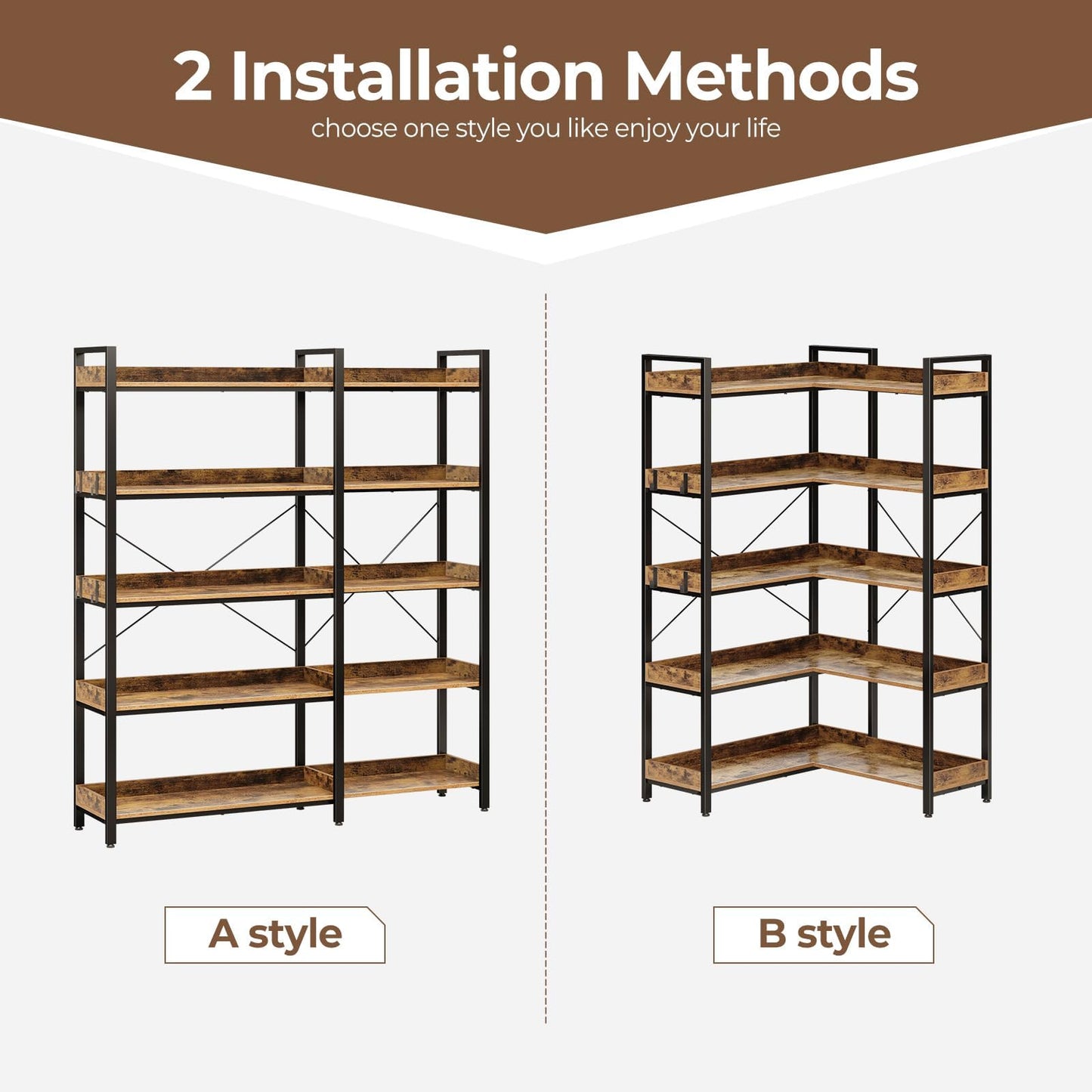 Rolanstar Bookshelf 5 Tier with 4 Hooks, Reversible Corner Bookshelf, 65" Industrial Wooden Bookcase with Open Shelves and Metal Frame for Living Room, Bedroom, Home Office, Rustic Brown