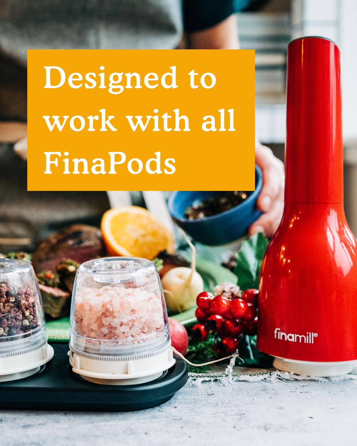 FinaMill Classic Battery-Operated Spice Mill Bundle with Black Trio Stackable Tray – One-Handed Grinder with Interchangeable Pods with Adjustable Coarseness - Valentines Day Gifts for Food Lovers