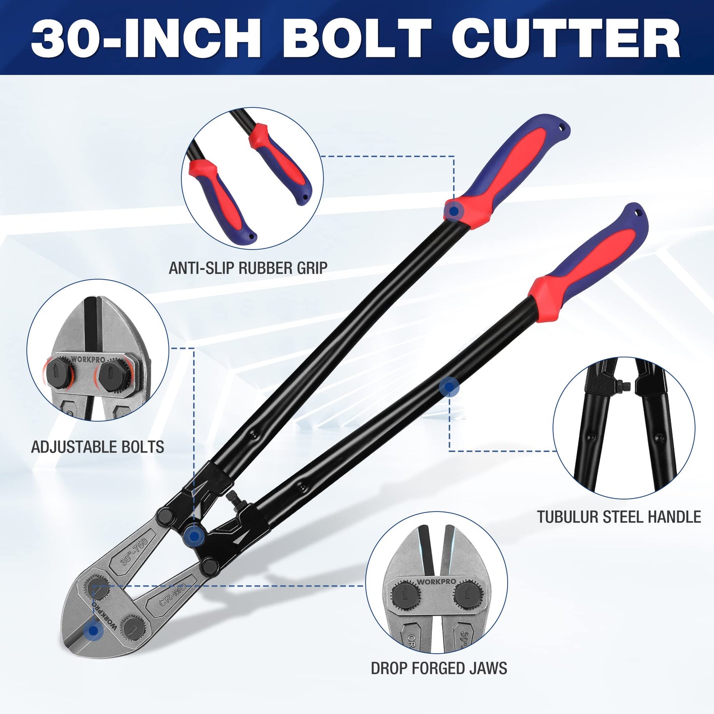 WORKPRO W017007A Bolt Cutter, Bi-Material Handle with Soft Rubber Grip, 30", Chrome Molybdenum Steel Blade