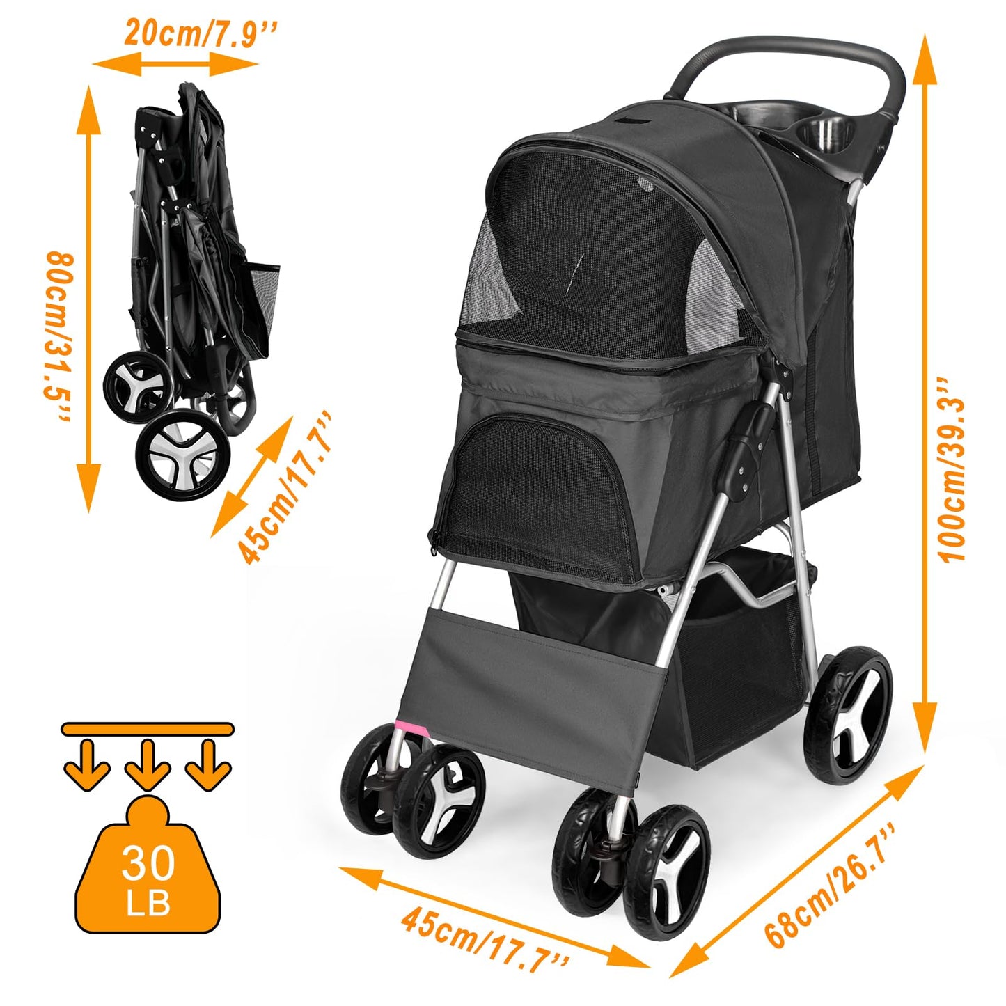 Display4top Pet Travel Stroller Dog Cat Pushchair Pram Jogger Buggy with 4 Wheels (Black)