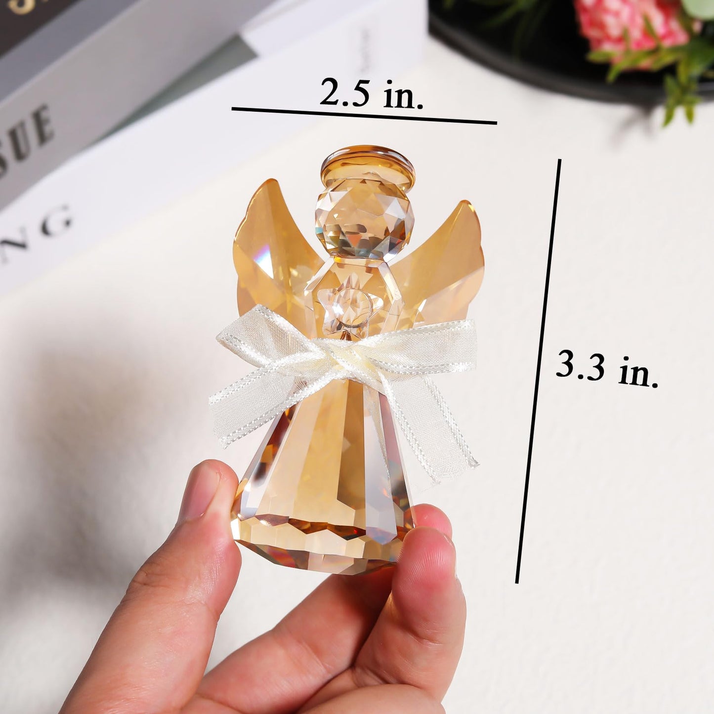 YWHL Champagne Crystal Glass Guardian Angel Figurine, Handmade Angel Statue Gifts for Women, Art Collectible Figurines Decor