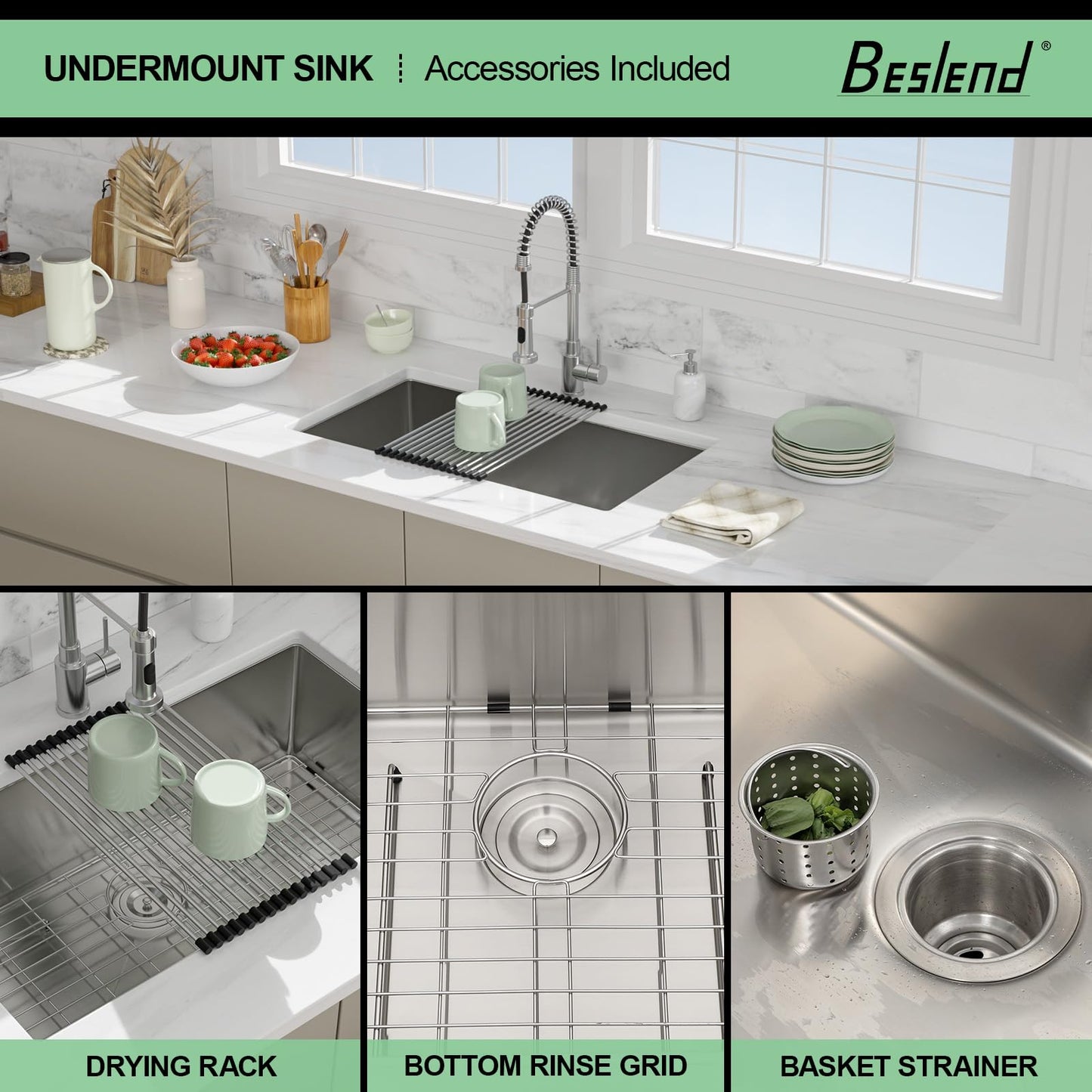 30 Inch Undermount Kitchen Sink - Beslend 30x18x10 Inch Undermount Stainless Steel Kitchen Sink 16 Gauge Single Bowl Round Corner Under Counter Basin