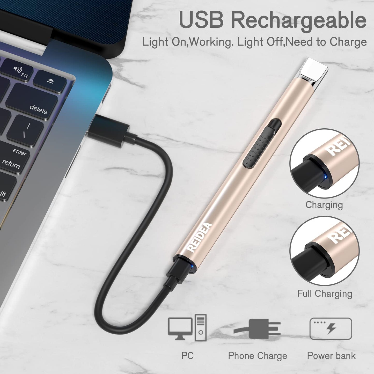 REIDEA Electronic Candle Lighter 2 Pack Arc Windproof Flameless USB Rechargeable with Safe Button for Home Kitchen (Champagne and Rose Gold)