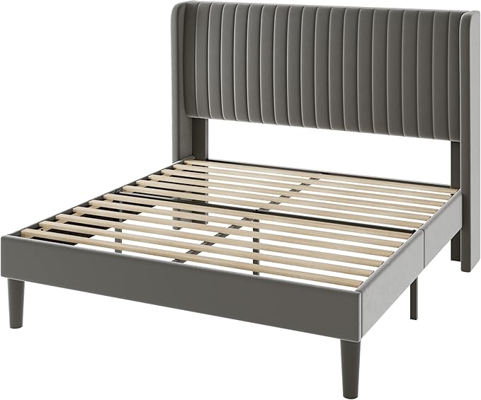 Allewie Queen Size Velvet Bed Frame/Vertical Channel Tufted Wingback