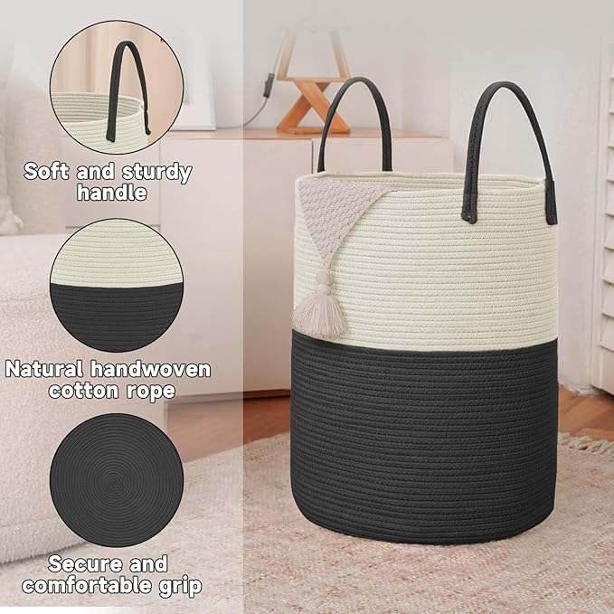 Large Woven Laundry Basket Hamper, 80L Cotton Rope Storage Bin