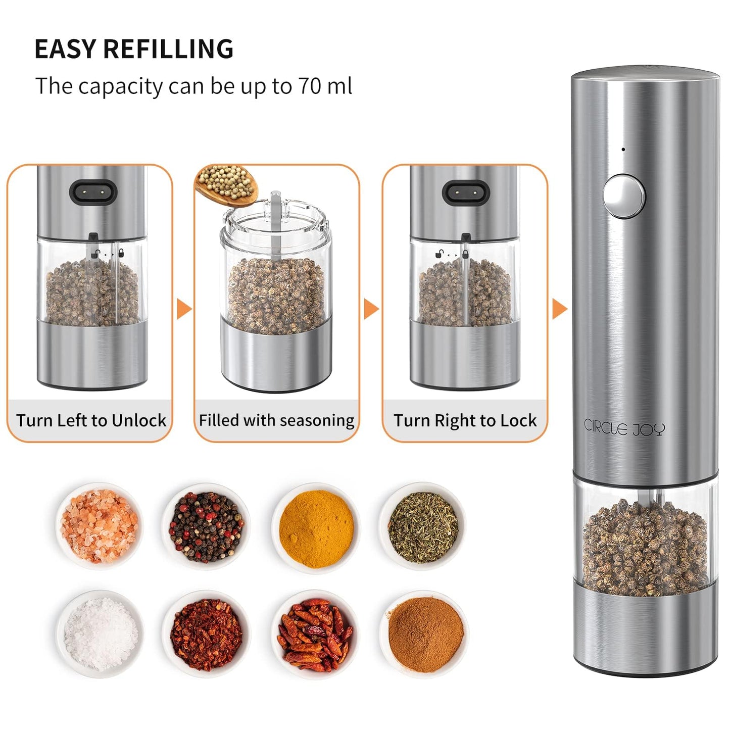 CIRCLE JOY Electric Salt and Pepper Grinder Set Stainless Steel Spice Grinder Automatic Pepper Mills with Easy-to-Carry Dual Charging Station, White Led Light, and Adjustable Coarseness, Silver