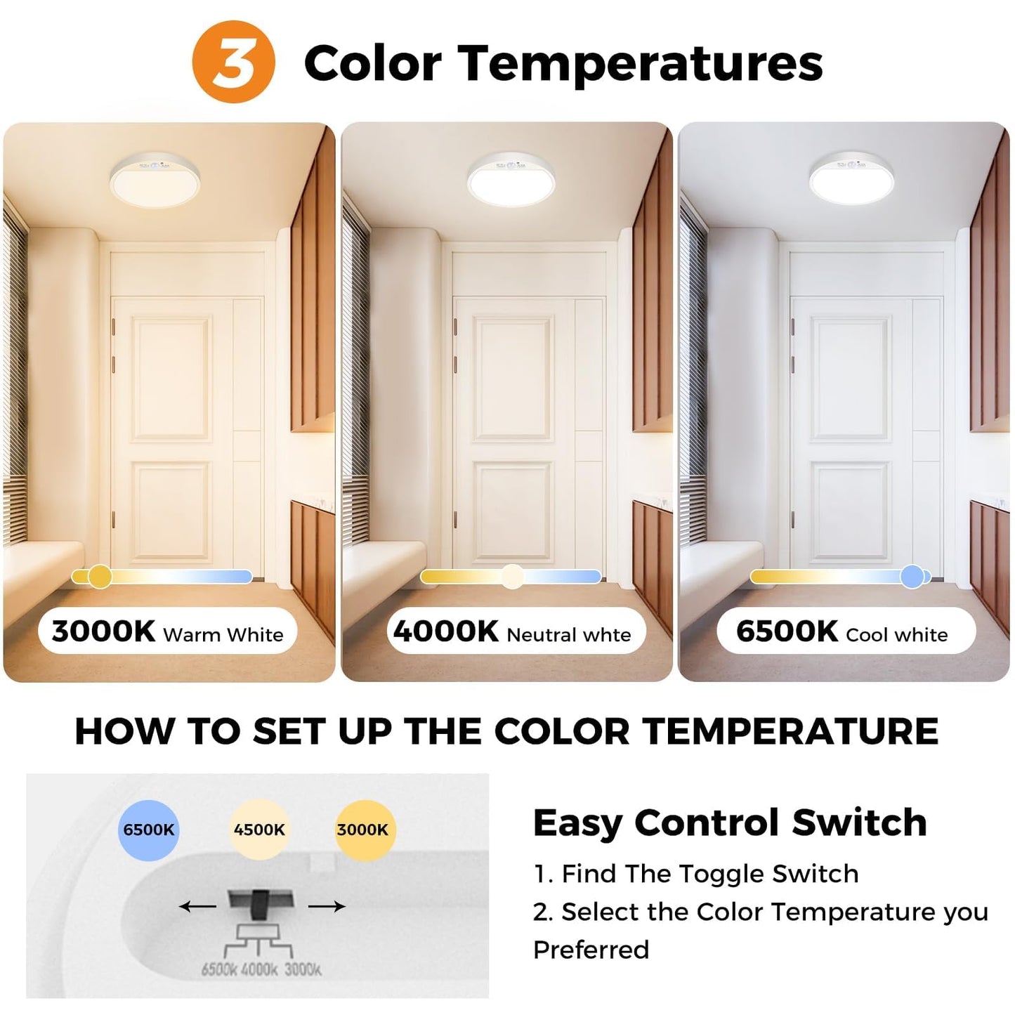 slochi LED Ceiling Light with Motion Sensor, 3000K-4000K-6500K & 100W Equivalent Motion Sensor Lights Indoor, 15W 1500LM 18cm Bathroom Ceiling Light for Bath,Porch,Stairs,Garage
