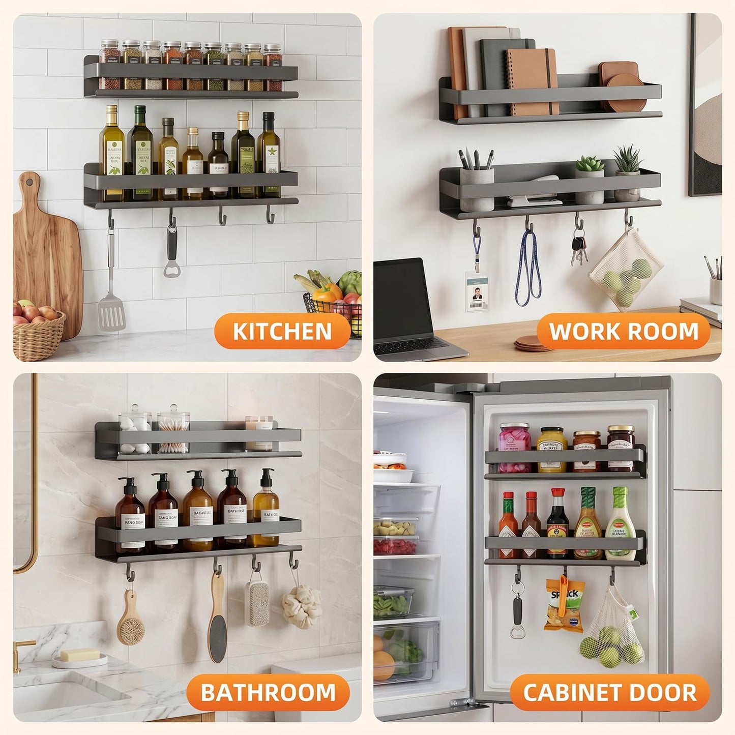 TIMBERHIDE 2-Pack Wall Mount Spice Rack,Easy to Install on the anywhere,Carbon Steel Kitchen Organizer with Hooks for Oil Salt Seasonings&Bathroom Toiletries,Grey