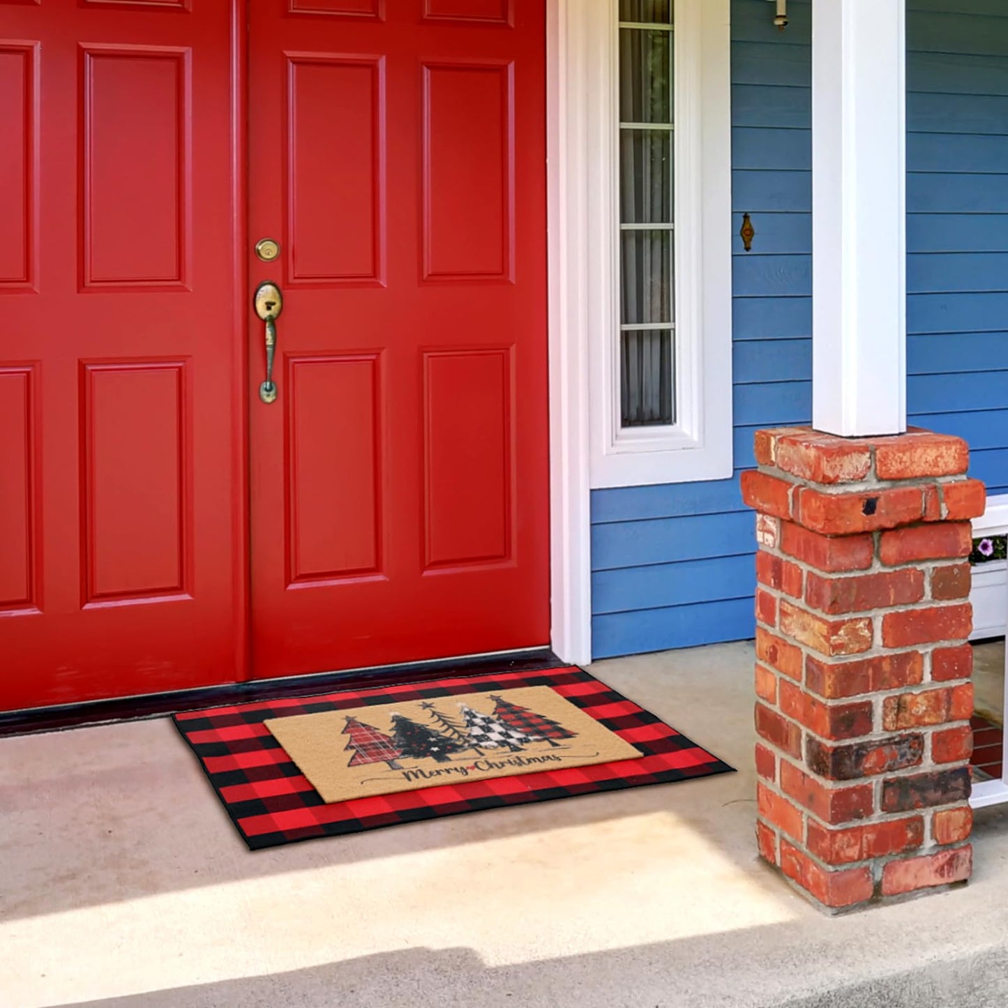 WinnerWhy 2 Pcs Christmas Front Porch Rug Buffalo Plaid Christmas Front Door Mats Imitation Coco Coir Xmas Welcome Layering Rugs for Outdoor Home Winter Festival Holiday Farmhouse Decor, 28 x 43 Inch