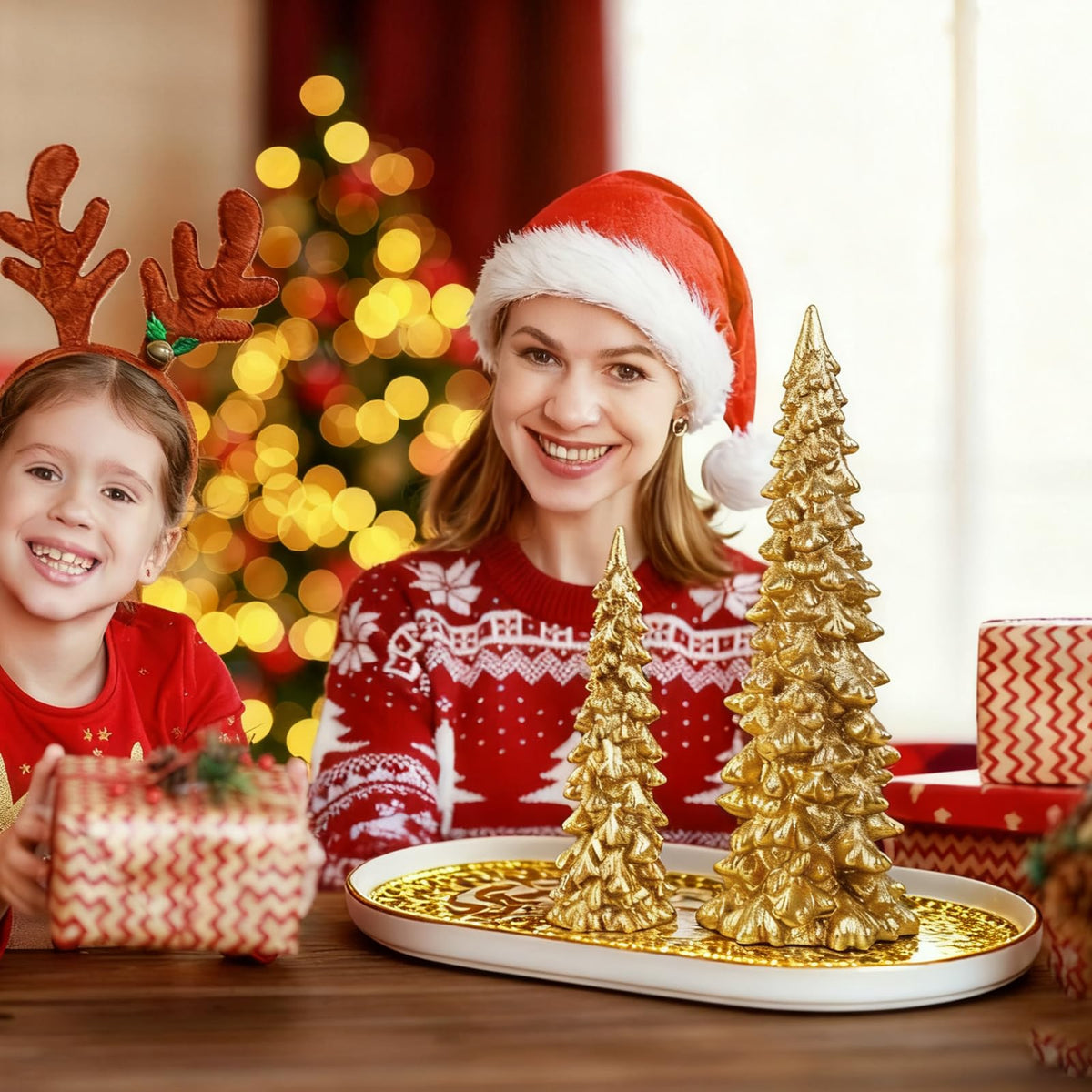 Set of 2 Gold Glitter Resin Trees,Small Pine Tree Figurines Decorative Christmas Trees Tabletop Centerpieces Decor for Christmas,Xmas,Holiday,9.6'' / 6.1''