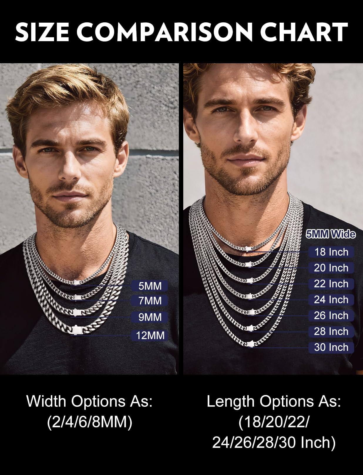Bandmax Men Chain Necklaces 24 Inch Silver Diamond Cut Miami Cuban Link Chain 5MM Wide Cubanas Cadenas Hombres Mens Stainless Steel Jewelry Gift for Men
