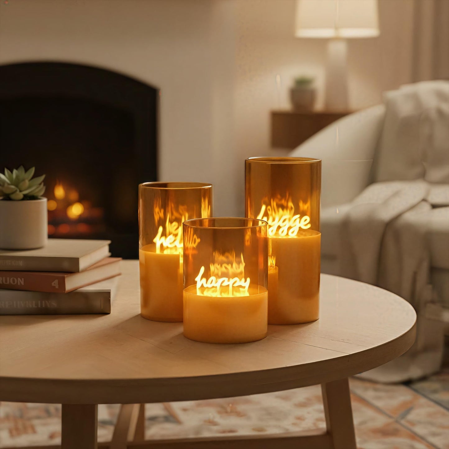 EXORUN Gold Glass Flameless Pillar Candles,LED Fake Candles Battery Operated Set of 3(Hello Happy and Smile)