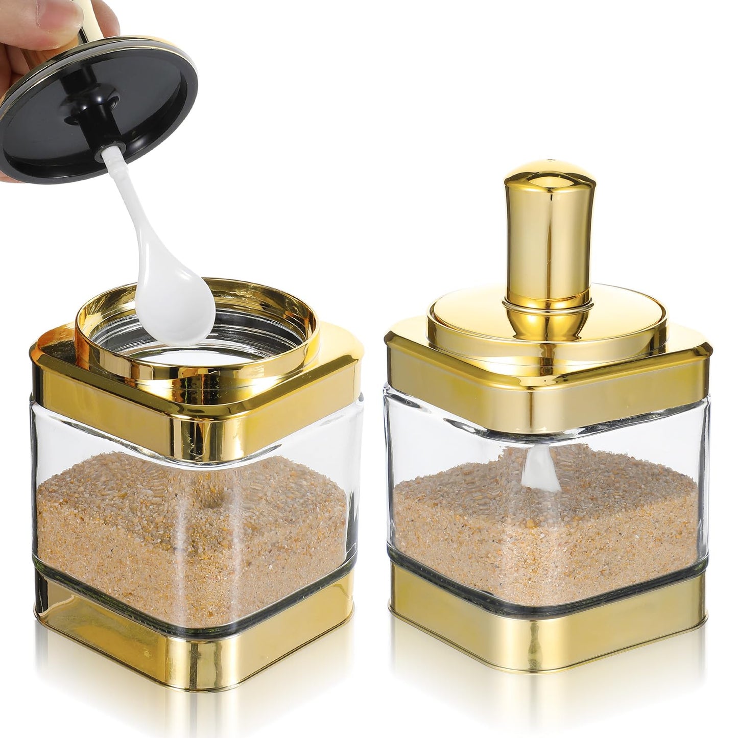 Hpmjz 2 PCS Glass Condiment Containers Gold Spice Jars with Lids and Spoons Seasoning Pot Set Salt Box Sugar Dispenser for Kitchen Dining Room Counter Flour Sugar