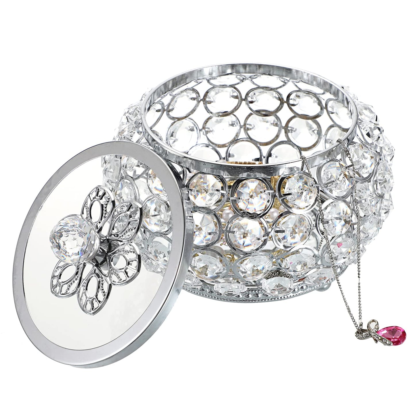 Hipiwe Crystal Jewelry Trinket Box with Glass Lid Silver Mirrored Treasure Box Decorative Jewelry Box Ring Earrings Necklace Storage Keepsake Box Gift for Women