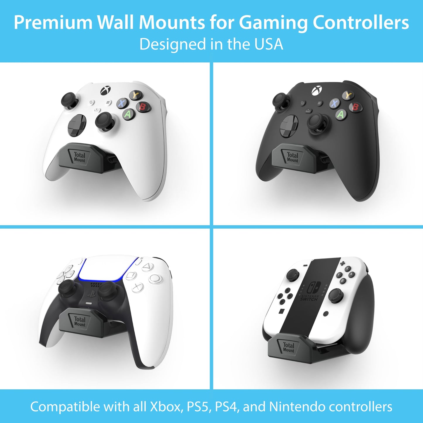 TotalMount Controller Wall Stands (2 Pack) with Non-Slip Pads & Removable Adhesive for Xbox, PS5, PS4, and Nintendo – These Premium Holders Won’t Damage Your Wall with Screws or Permanent Adhesive