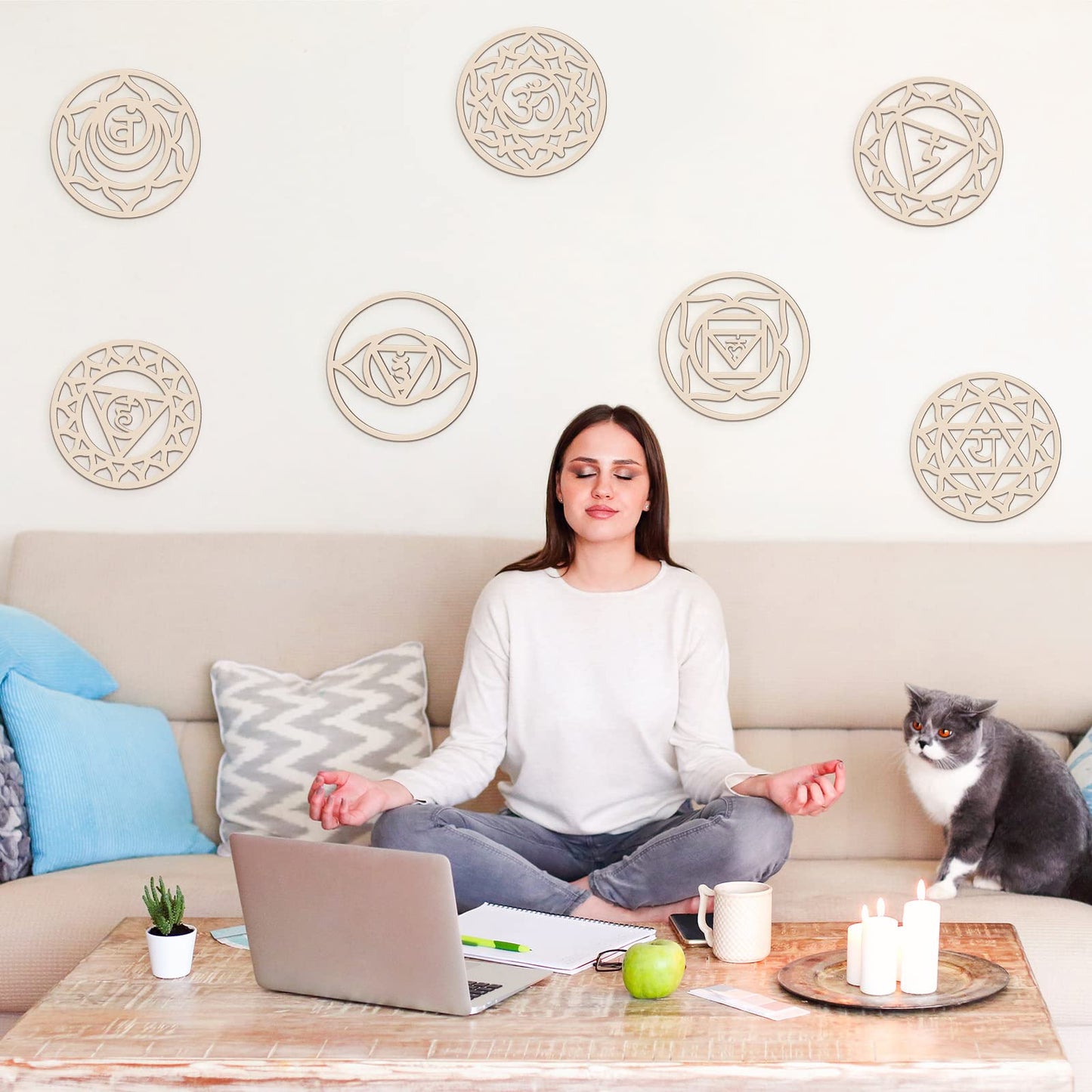 7 Pack Sacred Geometric Wall Art Wooden Chakra Wall Art Crystal Grid Board Yoga Wall Decor Hindu Decor Meditation Spiritual Decor for Bedroom Geometric Hanging Sculpture Home Decor 5.9 x 5.9 Inch